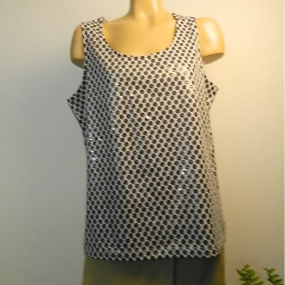 Chico's Zenergy Polka Dot Tank Top Womens XL Black White Sequin Scoop Neck Shell